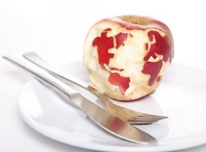 Photo of apple with carved skin to depict the globe.