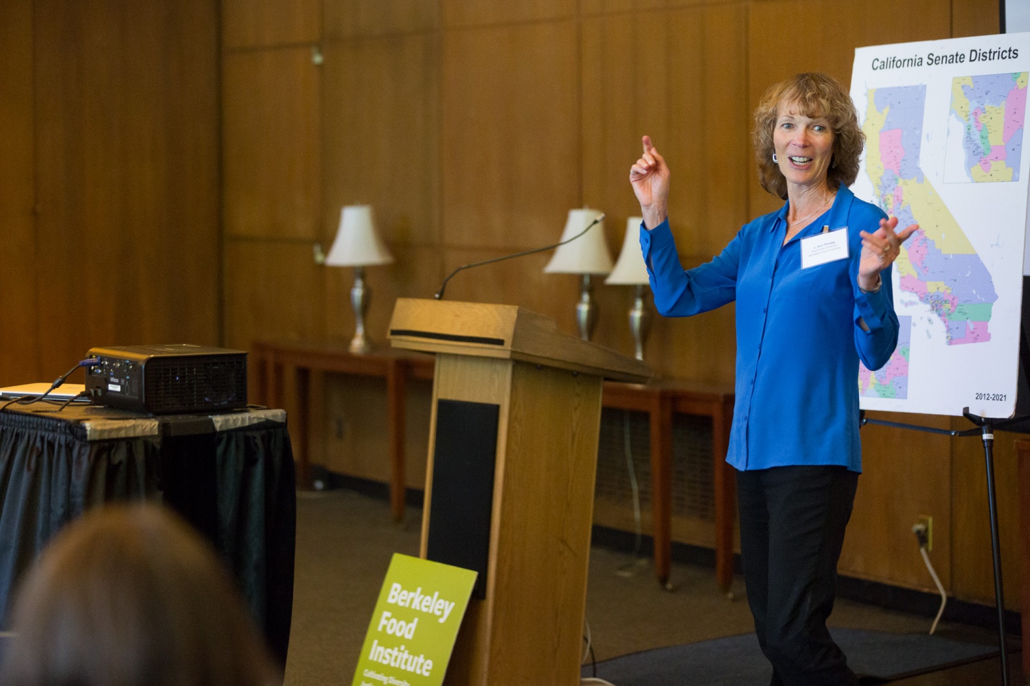 BFI Director Ann Thrupp at Researh-to-Policy Faculty Workshop. Photo by Jonathan Fong.