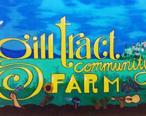 UC Gill Tract Community Farm logo hand-painted on a board