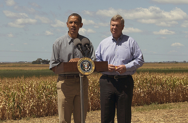 Barack Obama and Secretary Tom Vilsack in field. USDA photo by Dave Kosling.