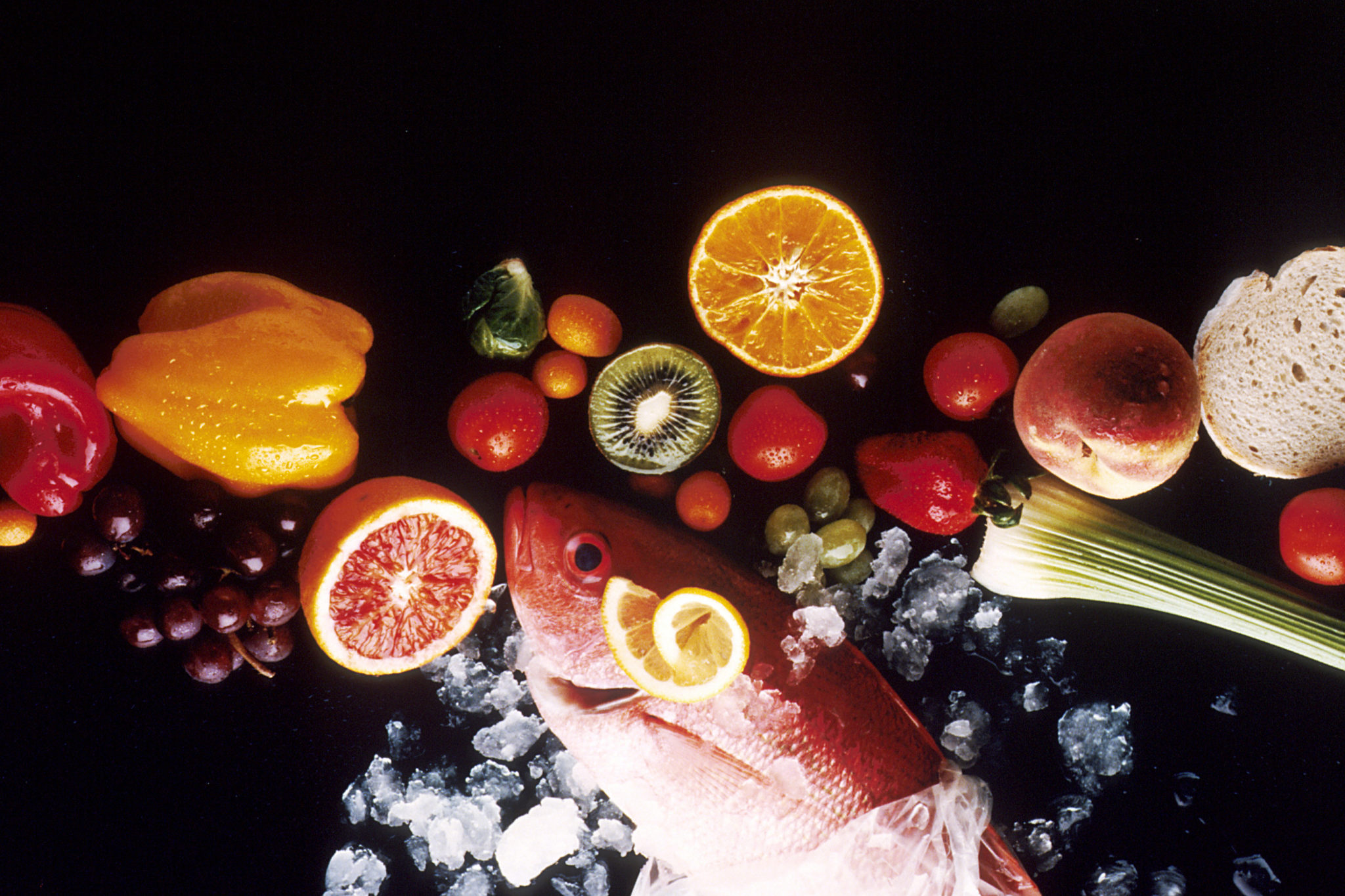 Photo of fish, fruits, and vegetables