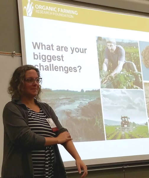 Dr. Joanna Ory, postdoc in the project, presents on soil health. Photo by: Organic Farming Research Foundation.