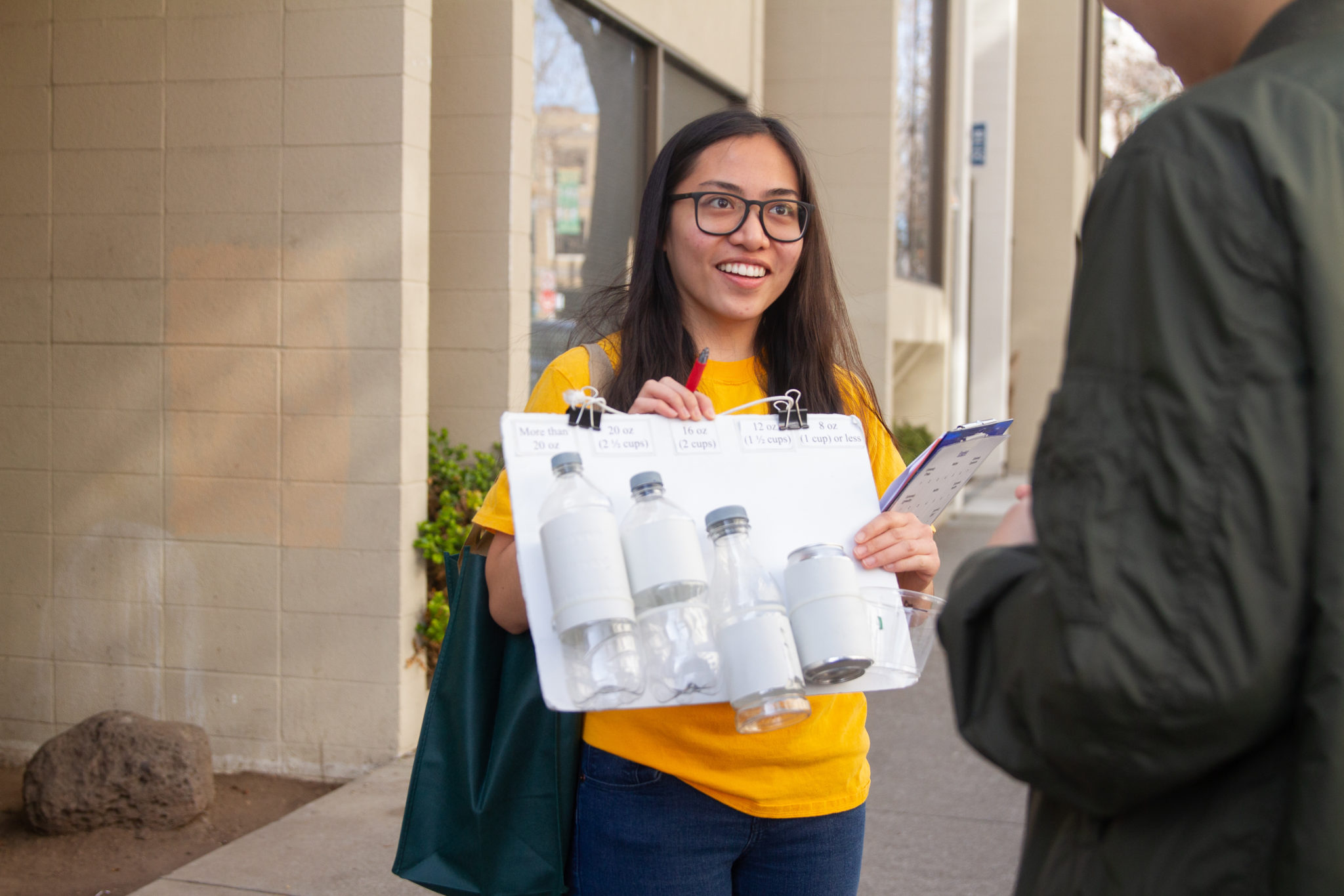 UC Berkeley student Andrea Ponce surveys Berkeley residents on sugar-sweetened beverage consumption. Photo by Kristine Madsen Research Group.