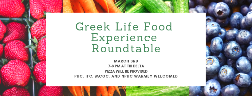 Graphic flyer advertising Greek Life Food Experiences Roundtable event.