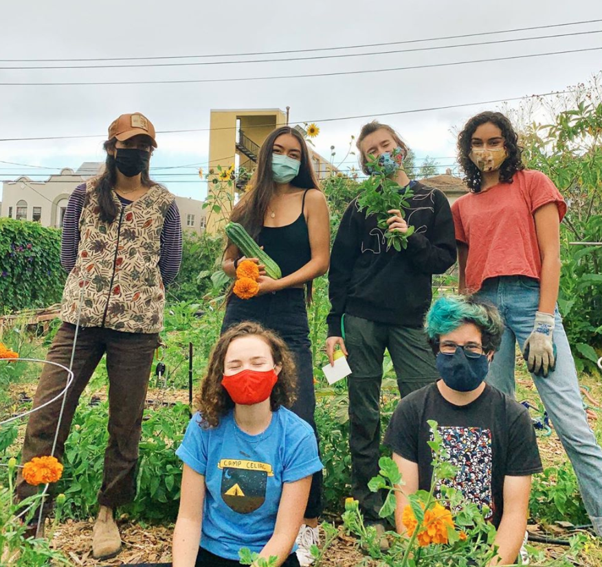 Students wearing masks while working at a campus garden.
